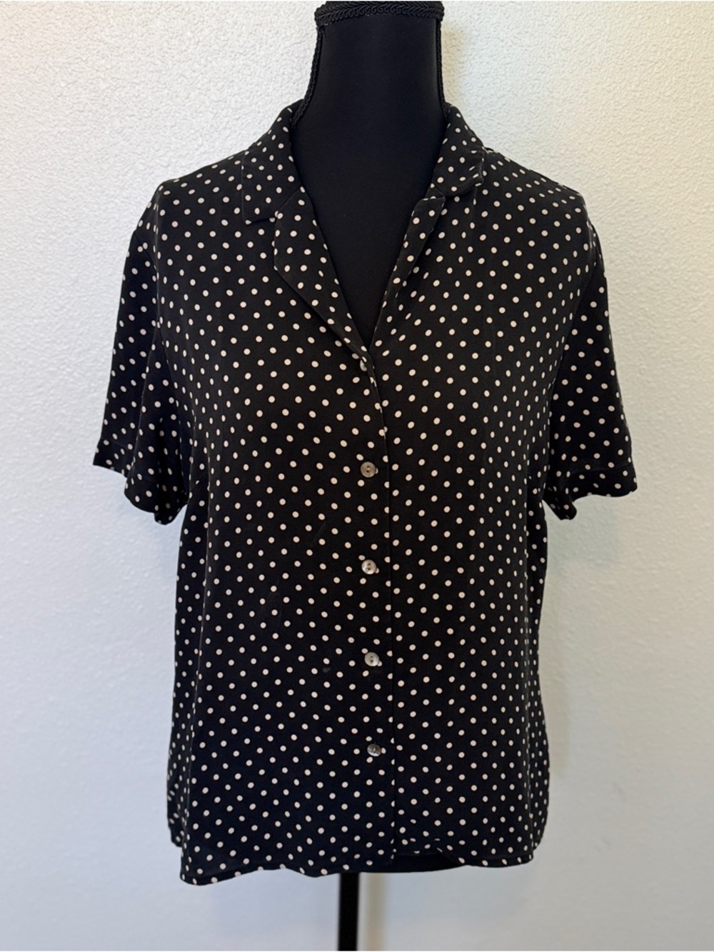 Vintage 90s Lands’ End Silk Blouse Black Cream Polka Dot Button Top Medium